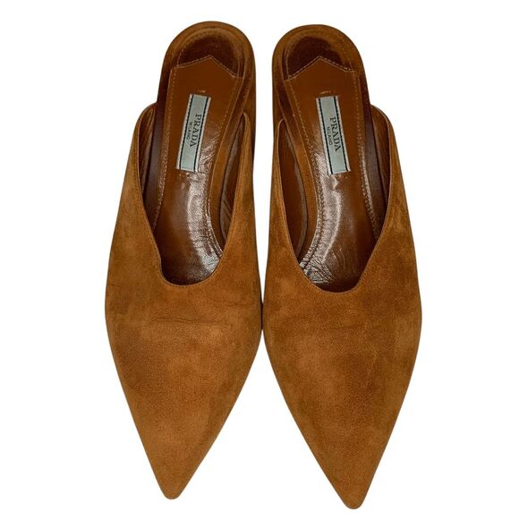 Prada Suede V-Notch Mules Size 39 Brown Pointed Toe Block Heel Slip-On Shoes - Picture 2 of 10